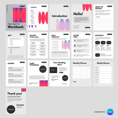 The Vibrant Gradient Workbook Template for Canva Forma 10 Collection by The Brand Store by More By Us is a 16-page editable planner featuring minimalist pink and purple abstract designs—includes quizzes, checklists, planners, and more. Perfect as a lead magnet.