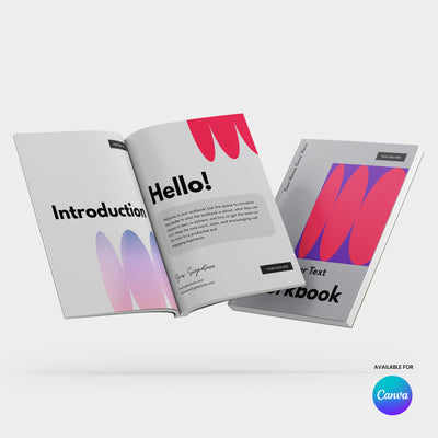 Three floating booklets with vibrant red and purple gradients show text like Introduction, Hello, and Your Text Workbook. A Canva logo is at the bottom right, featuring The Brand Store by More By Us’s Forma 10 Vibrant Gradient Workbook Template for Canva.