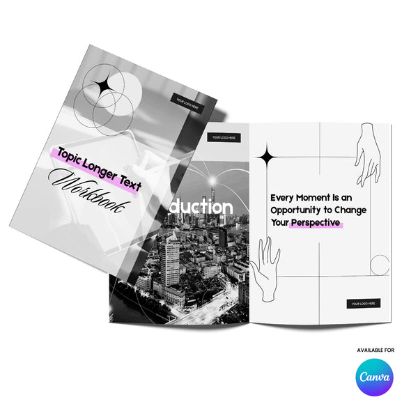 An open workbook displays three pages: the cover says Topic Longer Text Workbook, inside a city photo with Every Moment is an Opportunity to Change Your Perspective, plus a Canva logo. Editable Workbook Template in Canva - Forma 20 Collection.