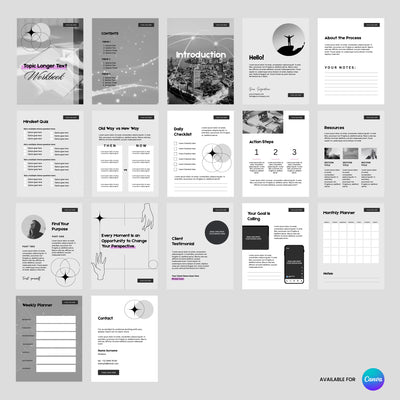The Brand Store by More By Us offers the Forma 20 Collection: an 18-page editable grayscale workbook template in Canva, ideal for coaching, with custom layouts for learning, planning, and content creation plus diagrams and structured form fields.