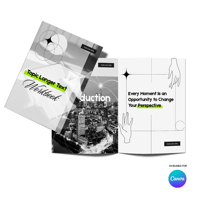Three monochrome pages from the Workbook Template for Canva - Forma 20 Collection by The Brand Store by More By Us: a green black cover, an inside page with an aerial city photo, and a perspective quote—perfect as a coaching lead magnet.
