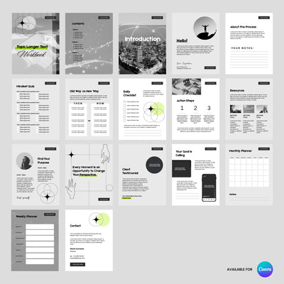 The Brand Store by More By Us offers a 16-page black, white, and gray Canva workbook template from the Forma 20 Collection—ideal for guides, training, or lead magnets. Features planners, checklists, diagrams, contact info Canva logo. Editable in Canva.