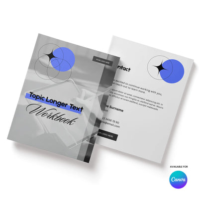 Two pages of the "Workbook Template for Canva - Forma 20 Collection" by More By Us | The Brand Store are shown, featuring abstract black and blue circles on the cover and contact page. The Canva logo is visible; both pages match in style and layout.