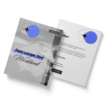Two pages of the Workbook Template for Canva - Forma 20 Collection from More By Us | The Brand Store are shown: a cover with abstract blue and black circles, and a Contact page with placeholder info—ideal as an editable coaching or course workbook.