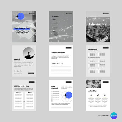 The Workbook Template for Canva - Forma 20 Collection by More By Us | The Brand Store is a nine-page grayscale coaching guide with intro, contents, process info, notes, mindset quiz, comparison chart, checklist, and action steps. Canva logo bottom right.
