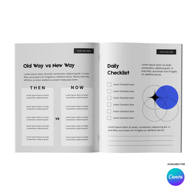 The Forma 20 Collection Workbook Template for Canva by More By Us features two pages: Old Way vs New Way lists on the left, and a Daily Checklist with checkboxes, items, placeholder text, and circle graphics—ideal for editable coaching or course workbooks.