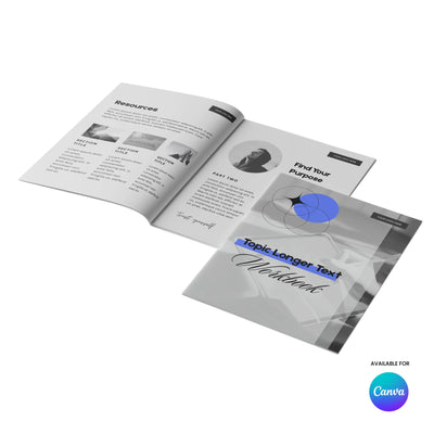 The Forma 20 Collection by More By Us | The Brand Store is an editable Canva workbook template featuring planners, quizzes, prompts, grayscale pages with text, photos, diagrams, and sections like “Resources” and “Find Your Purpose.”.
