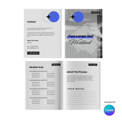 The Workbook Template for Canva - Forma 20 Collection by More By Us | The Brand Store includes a grayscale cover, contact page, mindset quiz, and process notes—perfect as a digital coaching workbook. Editable in Canva with planners, quizzes prompts. Canva logo included.