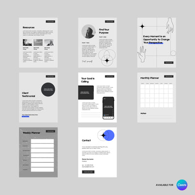 The “Workbook Template for Canva - Forma 20 Collection” by More By Us | The Brand Store offers nine minimalist black, white, and gray planner and info templates—ideal for coaching workbooks, with calendars, quizzes, prompts more; editable in Canva.