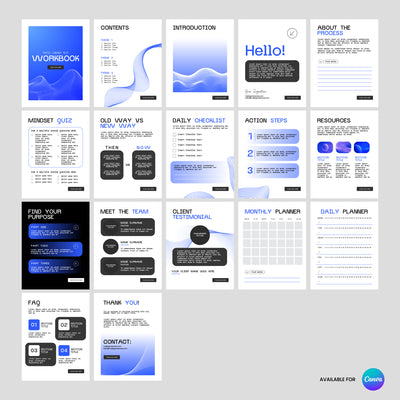 The Brand Store by More By Us offers the Editable Workbook Template for Canva - Forma 30 Collection, a 16-page customizable layout in blue, black, and white—ideal for planners, guides online courses with checklists, quizzes, resources more.