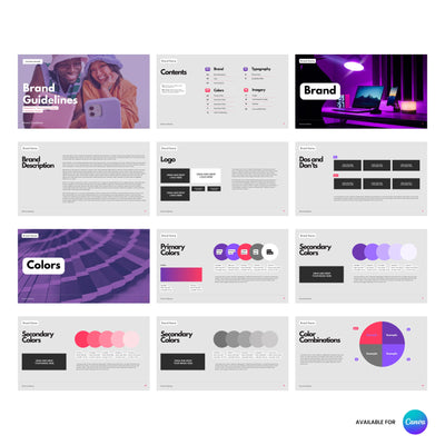 The Brand Guidelines Template for Canva - Forma 10 Collection by More By Us | The Brand Store is a 12-page editable brand book for creative startups, featuring modern purple and pink design, logo guidelines, color combos, and more—fully customizable in Canva.