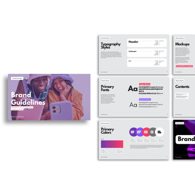 The Brand Guidelines Template for Canva - Forma 10 Collection by More By Us | The Brand Store showcases slides with a selfie cover, typography, fonts, mockups, color palette, and branding essentials for creative startups and social brands on clean light backgrounds.