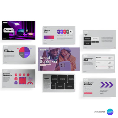 The "Brand Guidelines Template for Canva - Forma 10 Collection" by More By Us | The Brand Store offers 9 editable slides covering visual identity, logos, colors, icons, and typography. Features an easy-to-edit Canva layout with logo in the bottom right corner.