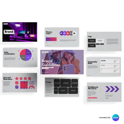 The Forma 10 Brand Guidelines Template for Canva displays nine editable slides—brand, colors, logo, fonts, combinations, icons, illustrations, imagery—perfect for creative startups and visual identities. Easily customizable for modern social brands.
