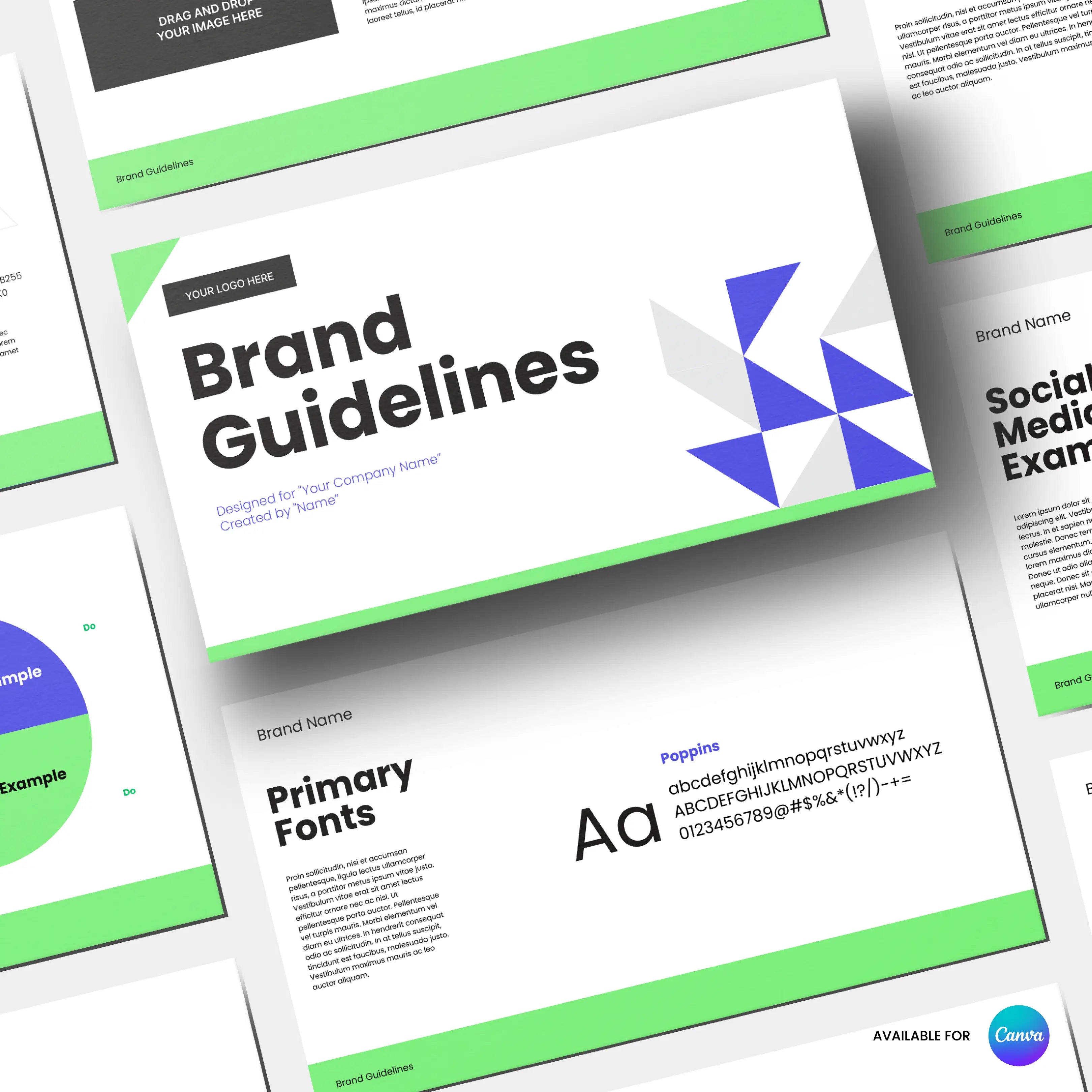 The Visual Identity Guidelines | Editable Canva Template for Professional Brand Books shows a flat lay of pages with sections for fonts, social media, diagrams, and graphics on white backgrounds with green and gray borders plus sample branding elements.