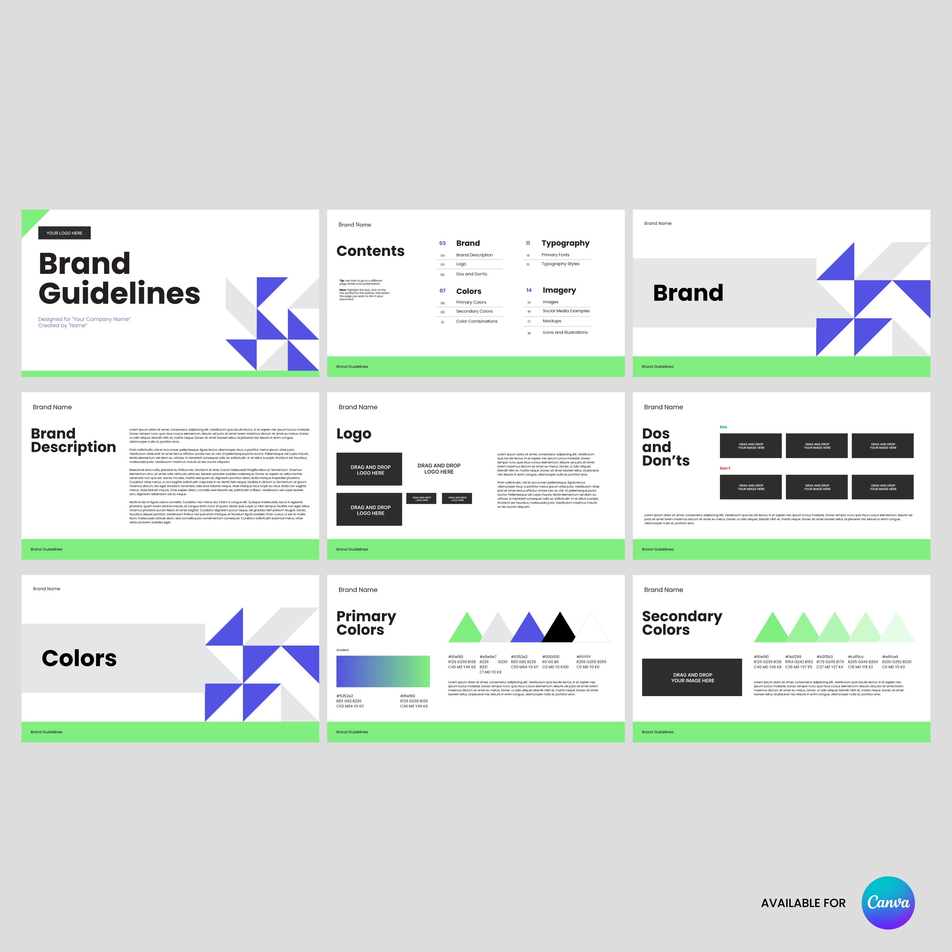 The Visual Identity Guidelines | Editable Canva Template for Professional Brand Books features white backgrounds, green accents, and blue-purple geometric shapes, with sections on brand, logo, typography, colors, and dos & donts. Easily customizable in Canva.