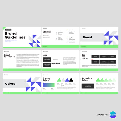 The Visual Identity Guidelines Canva template by More By Us | The Brand Store features a green and white palette, geometric shapes, sections for logo, dos and don’ts, colors—presented in an editable brand book grid layout.