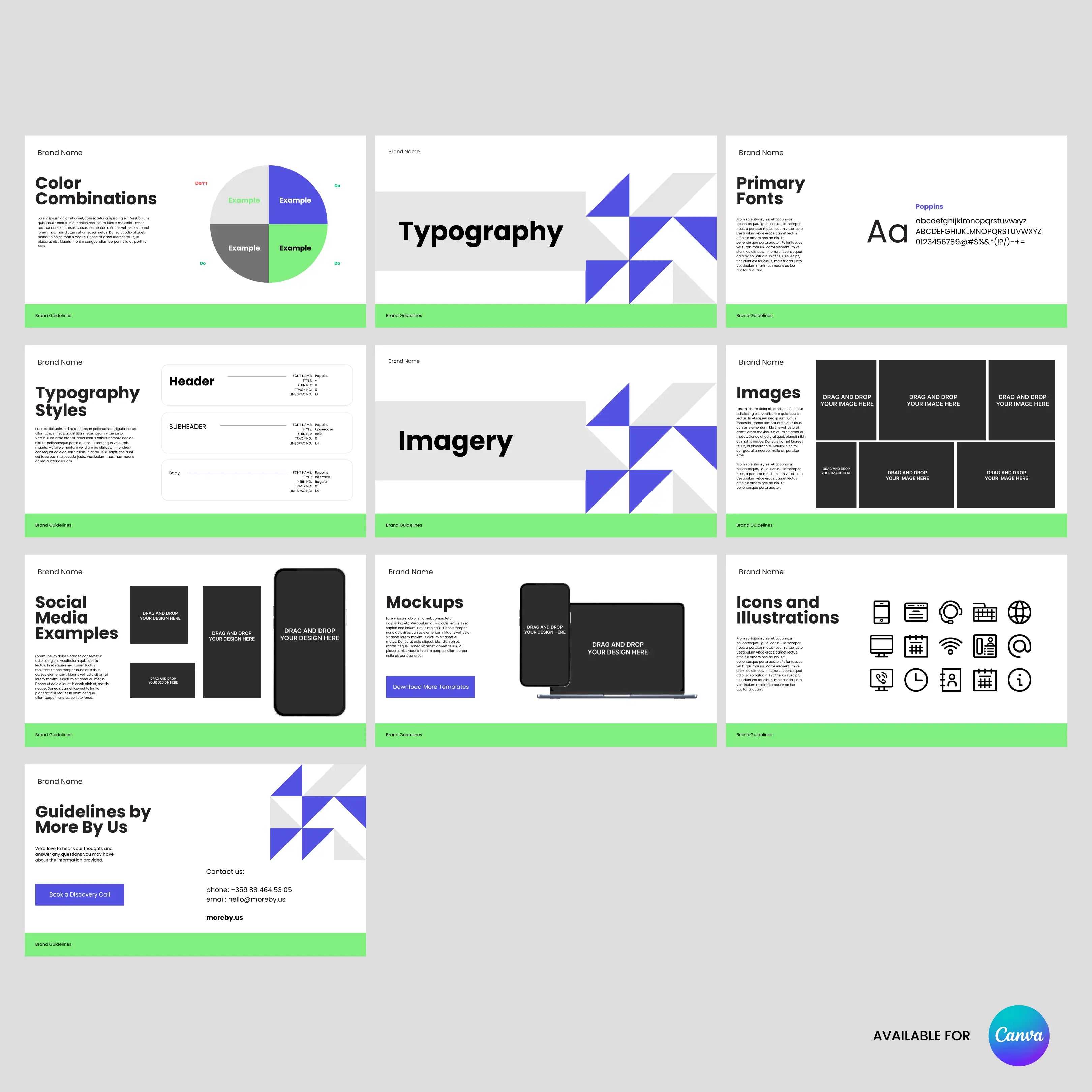 The Visual Identity Guidelines | Editable Canva Template for Professional Brand Books features organized sections for colors, typography, imagery, social media, mockups, icons, and brand guidelines in a green, gray, and white layout—ideal for brand templates.