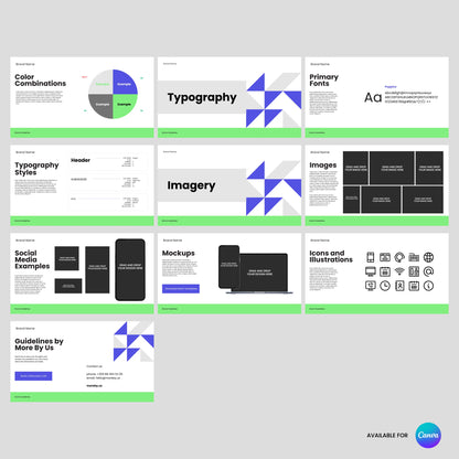The Visual Identity Guidelines | Editable Canva Template for Professional Brand Books features organized sections for colors, typography, imagery, social media, mockups, icons, and brand guidelines in a green, gray, and white layout—ideal for brand templates.