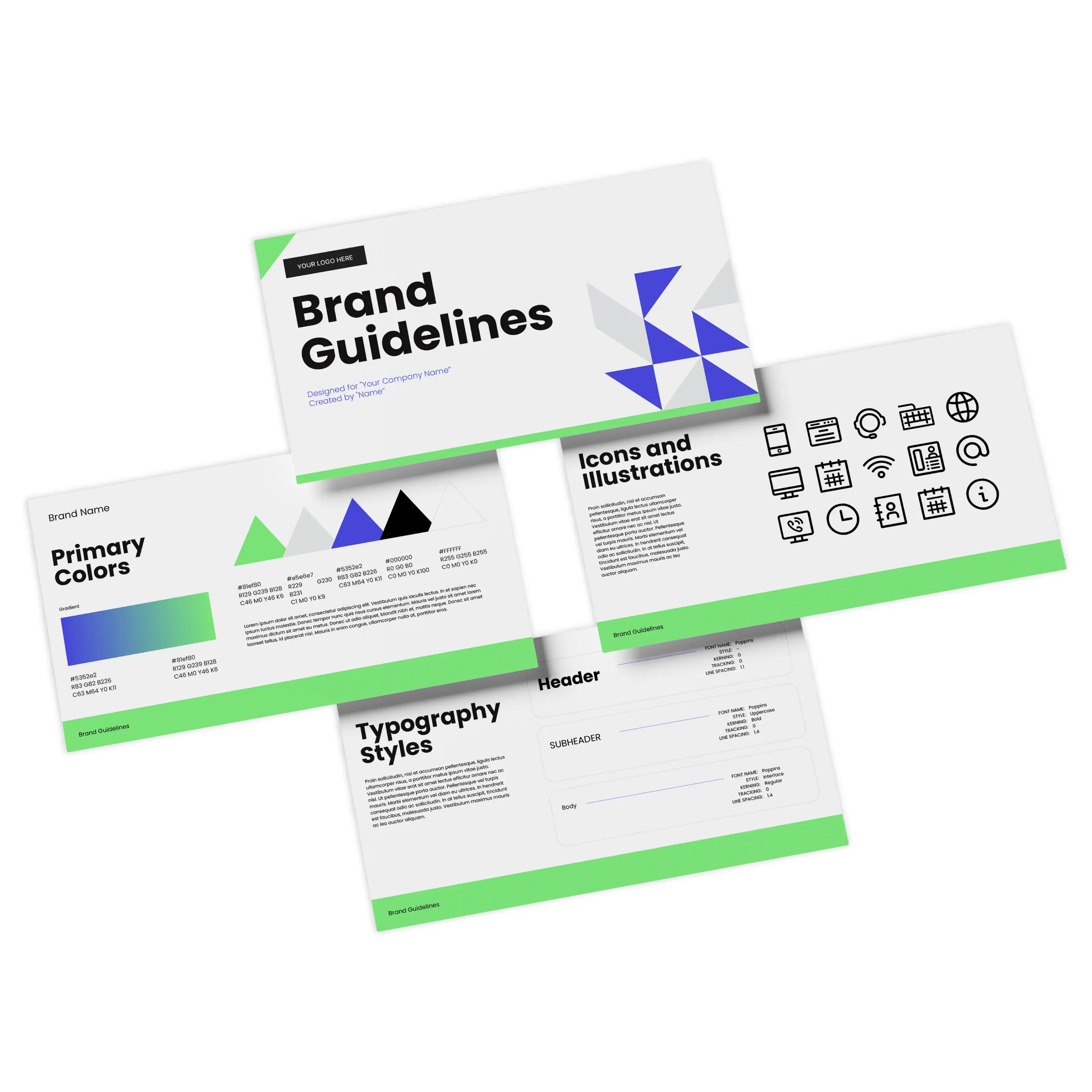 The Visual Identity Guidelines | Editable Canva Template for Professional Brand Books showcases 4 pages with sections on brand intro, primary colors (green, blue, black, gray), icon and illustration styles, typography, and geometric elements.