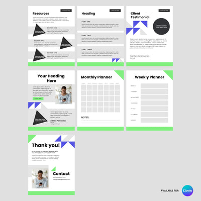 The Workbook Template for Canva - Forma 40 Edition by More By Us | The Brand Store is a 7-page, structured and editable workbook or lead magnet with sections for resources, testimonials, planners, contact info, and more in gray, blue green accents.