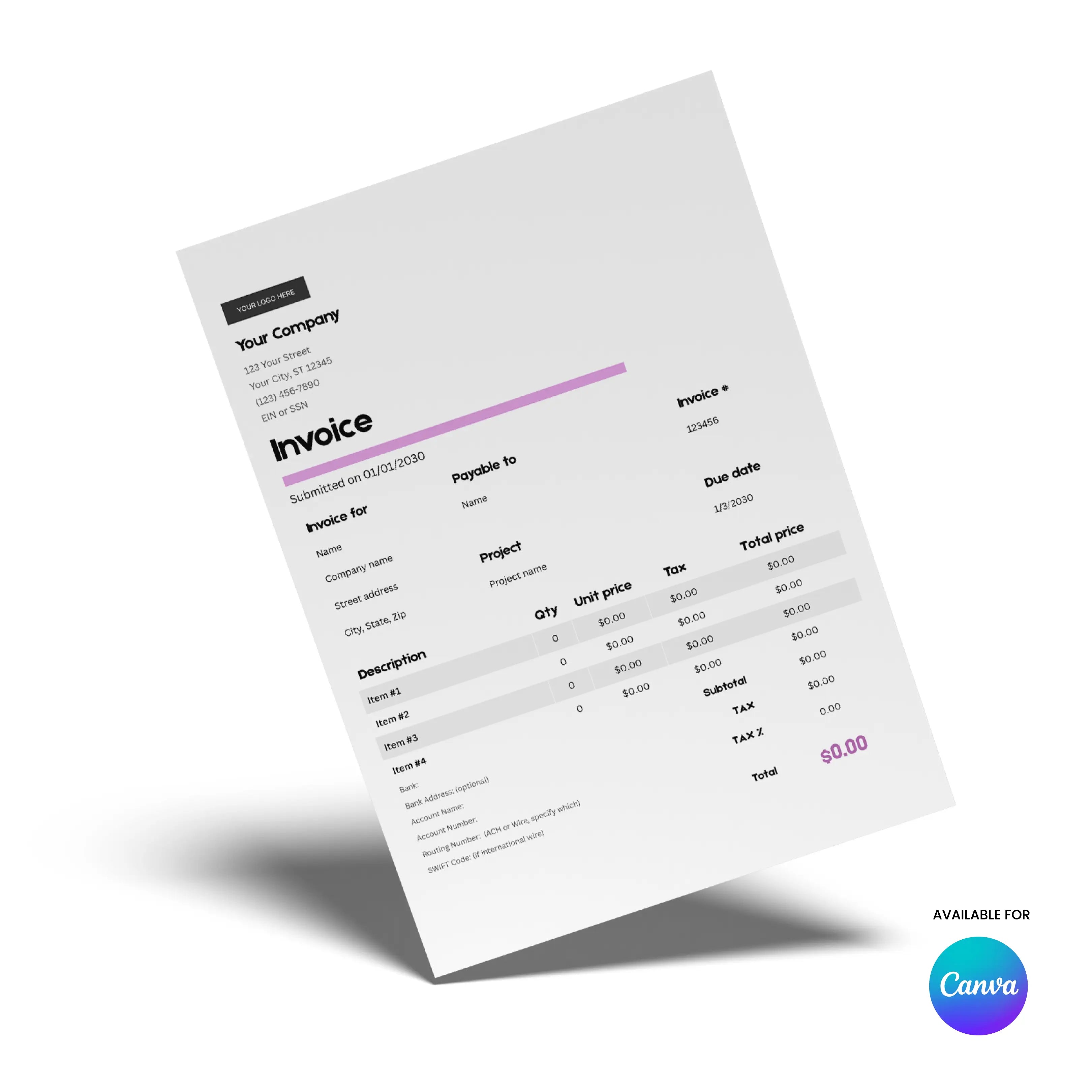 The Minimalist Invoice Template (EU & US Formats) – Canva Editable, Forma 20 Style features itemized billing, bold Invoice label, clear totals, and the Canva logo in the bottom right, reflecting its clean design for Canva.