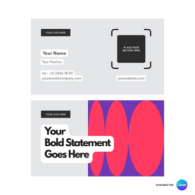 The Statement Business Card Template for Canva—Forma 10 Collection by The Brand Store by More By Us features modern typography, logo and contact placeholders, a bold back design with red/pink ovals on purple, and is fully editable in Canva.