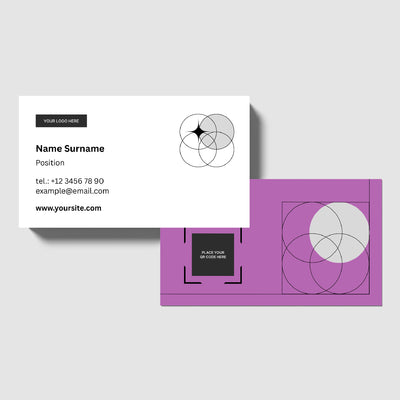 Two business cards from The Brand Store by More By Us's Forma 20 Collection are shown. This high-contrast, geometric Canva template features overlapping circles with space for your logo and contact info—fully editable for print or digital use.