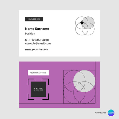 The Brand Store by More By Us presents the Geometric Business Card Template for Canva - Forma 20 Collection, a high-contrast, fully editable design with geometric circles and space for personal info, logo, QR code, and the Canva logo. Ideal for print or digital use.