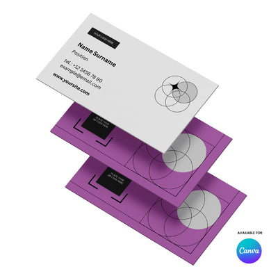 The Brand Store by More By Us presents the Forma 20 Geometric Business Card Template for Canva—a high-contrast design with black circles on white front, purple back, and editable name, contact, website fields. Canva logo in lower right corner.