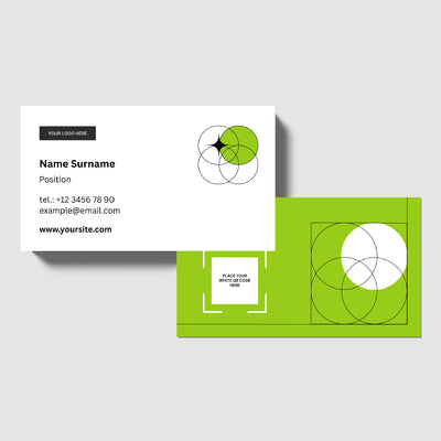 Showcasing the "Modern Grid Business Card Template for Canva – Forma 20 Collection" by The Brand Store by More By Us, this editable design features a white front with contact info and logo, and a green geometric back with QR code space—ideal for professionals startups.
