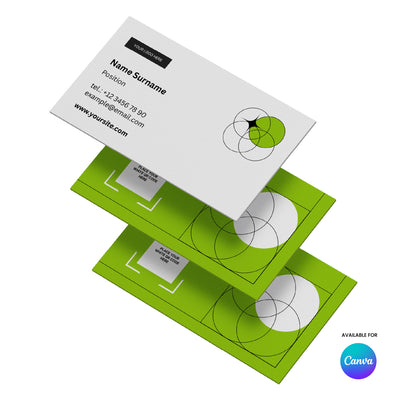 The Brand Store by More By Us’s Modern Grid Business Card Template for Canva Forma 20 Collection is shown stacked, highlighting its editable professional design with white fronts, geometric circles, green backs, and abstract motifs.