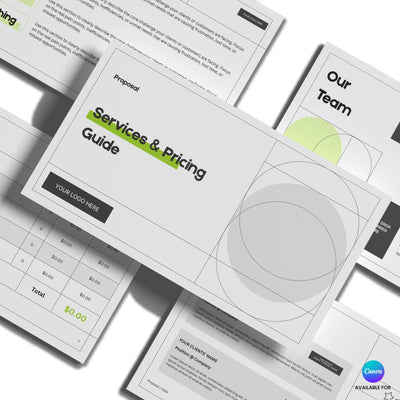 A flat lay showcases the “Modern Services Proposal Template | Canva Editable, Forma 20 Edition” by More By Us | The Brand Store, featuring a “Services Pricing Guide” cover, pricing tables, team section, and gray, white green accents for easy customization.