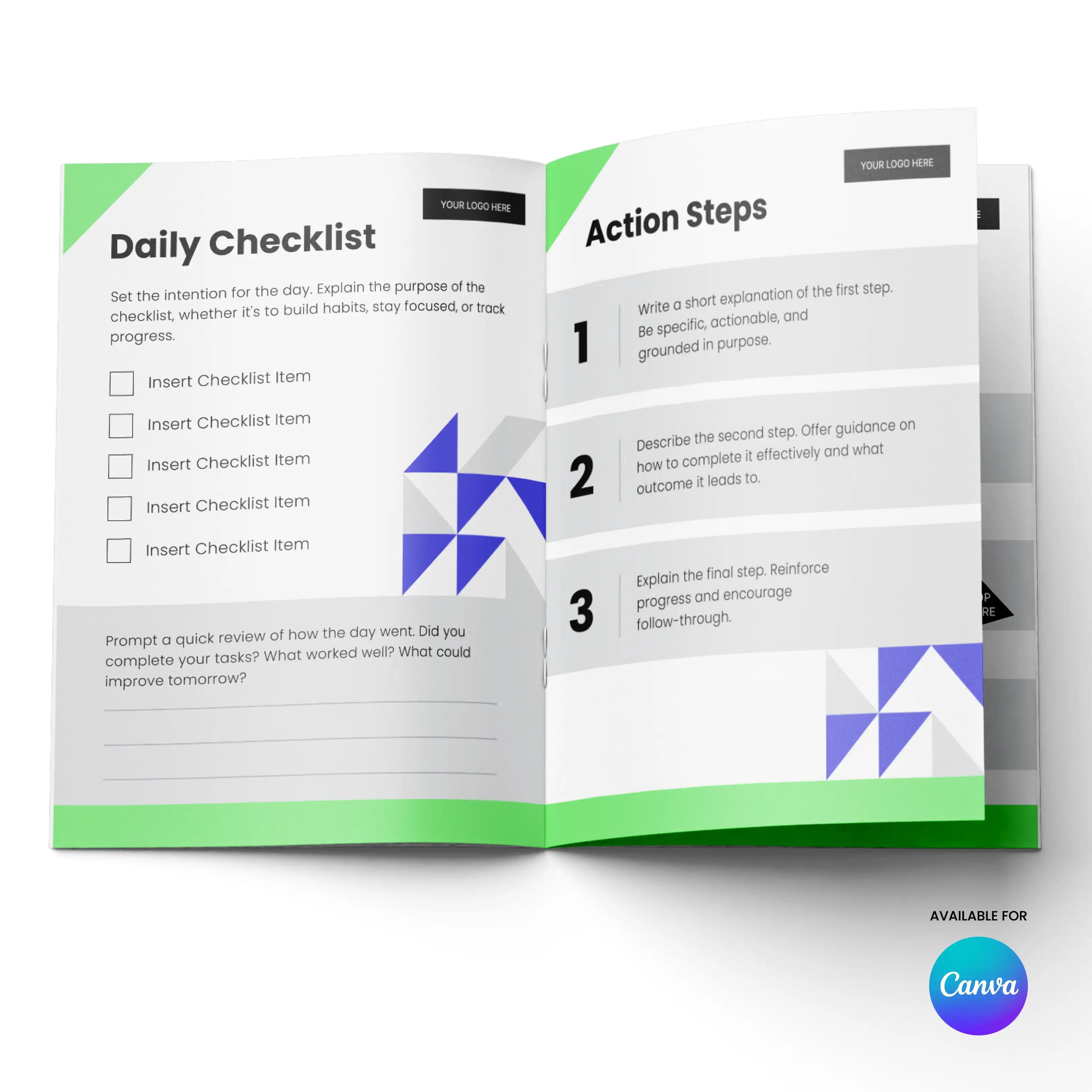 Open booklet using the Workbook Template for Canva - Forma 40 Edition. The left page, Daily Checklist, lists tasks with checkboxes; the right features three Action Steps in a workbook format. Both structured, professional pages have geometric designs.