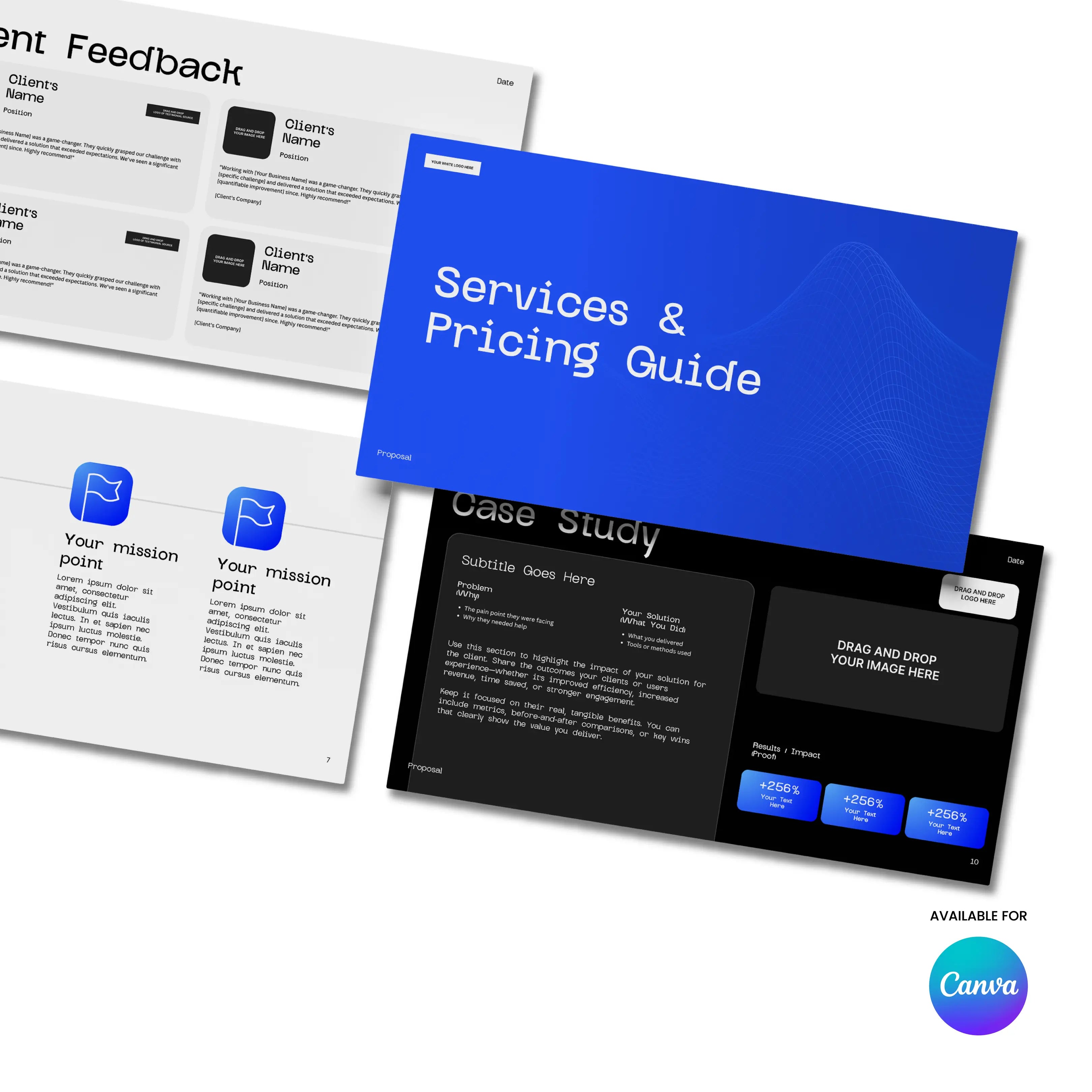 Four digital slides from the Bold Blue Proposal & Pricing Template - Canva Editable | Forma 30 are shown: a client presentation with services and pricing, a feedback page, an editable proposal/case study slide, and a mission statement; Canva logo appears in the corner.