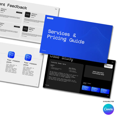 Four digital slides from the Bold Blue Proposal Pricing Template - Canva Editable | Forma 30 by More By Us | The Brand Store are shown in a staggered layout, featuring proposal, services pricing, mission, and case study slides.