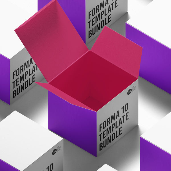 Several white boxes with purple sides labeled Forma 10 Ultimate Bundle Canva Templates + Future-Updatable Edition are arranged in a grid. The open center box reveals a bright pink interior, hinting at the versatile templates inside.